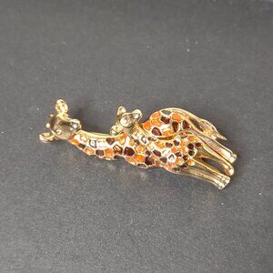 Orange And Gold Tone Giraffe Brooch